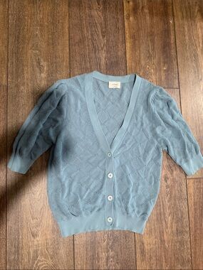 Wilfred Light Blue Pointelle Knit Button Cardigan elbow sleeves v neck